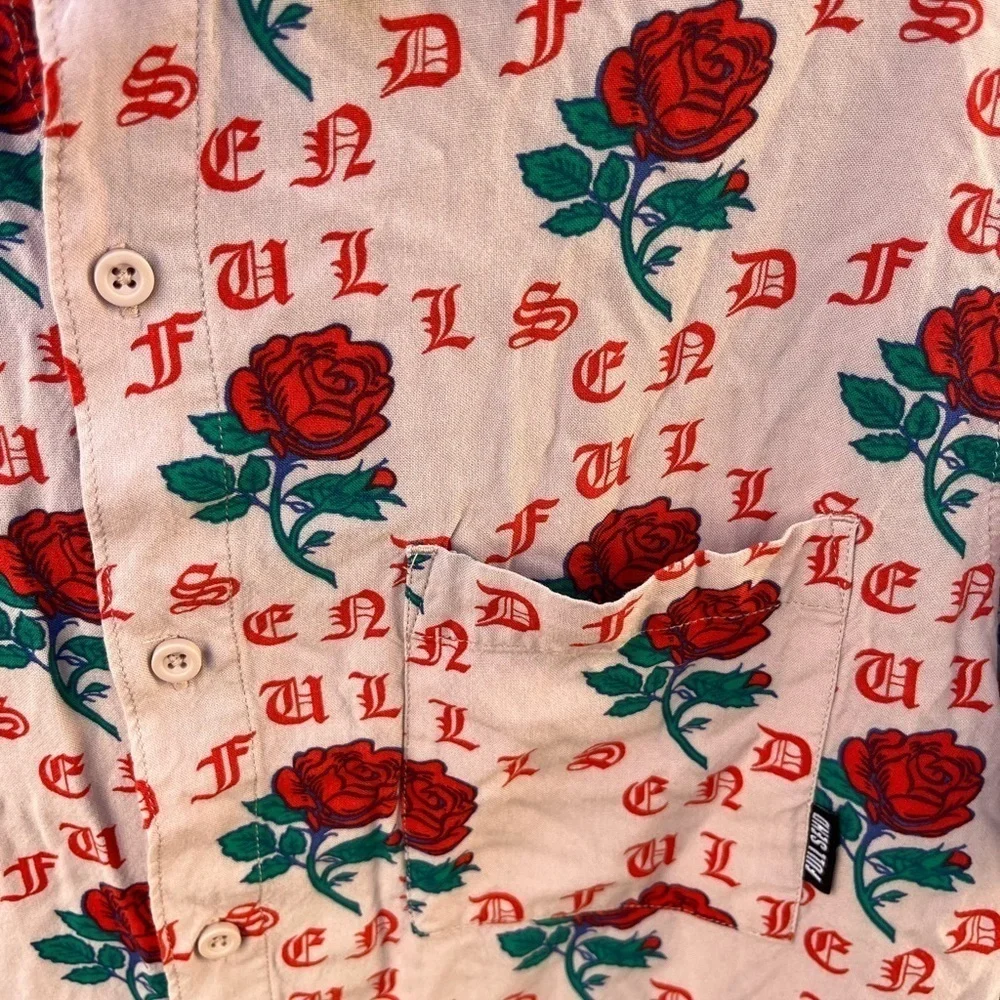 Men's Full Send Button-Down Shirt Multicolor Roses Spell-Out XL‎ Street Art City